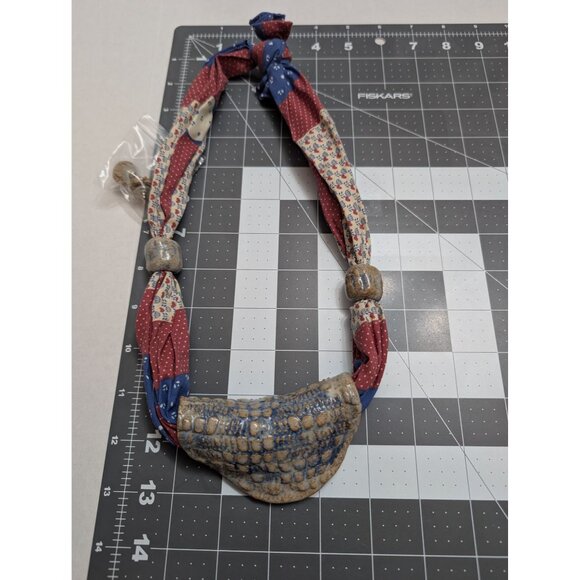 Scarf Bandana necklace & stud earrings ceramic red white blue country quilt 13" - Picture 2 of 9